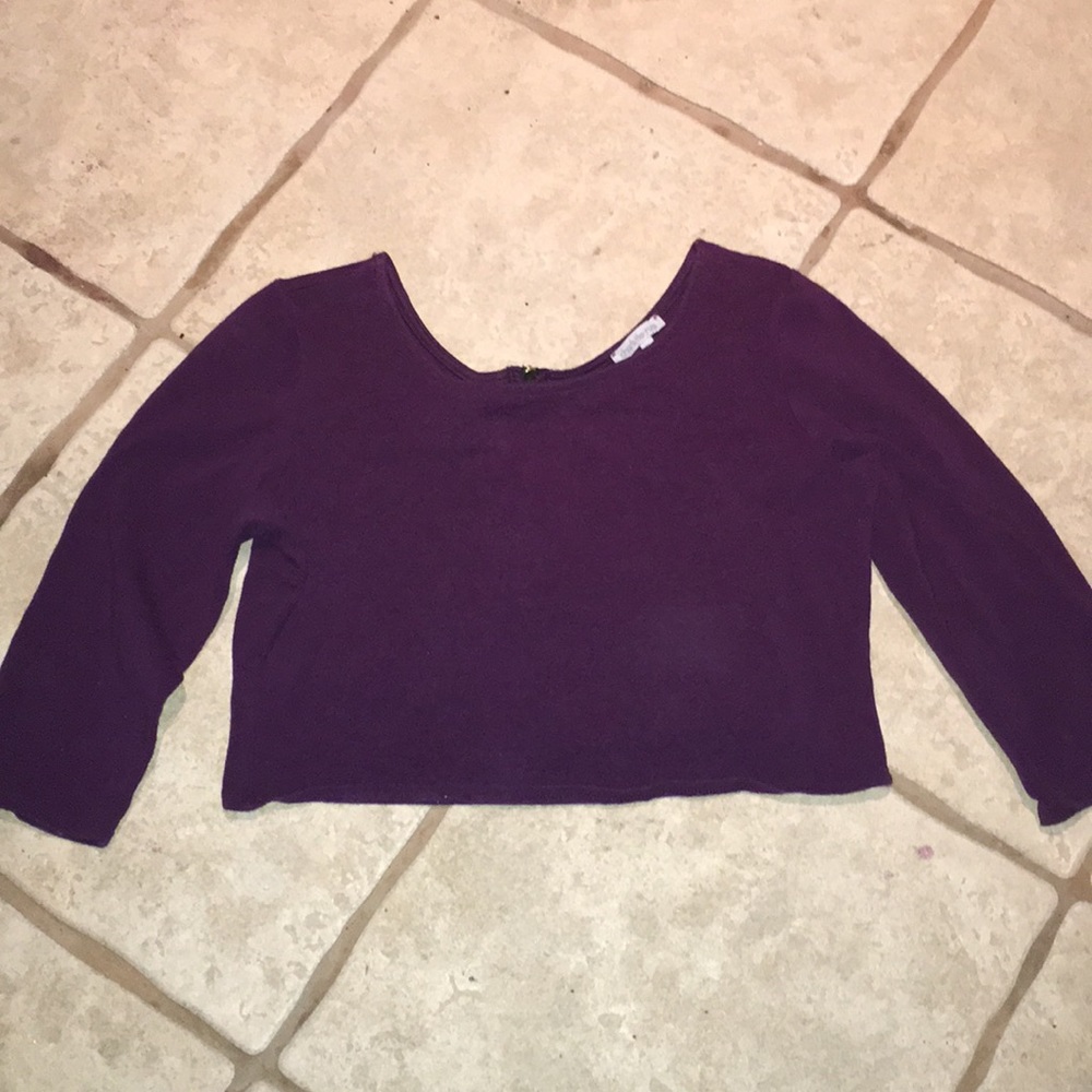 Long sleeve purple crop top with an open back